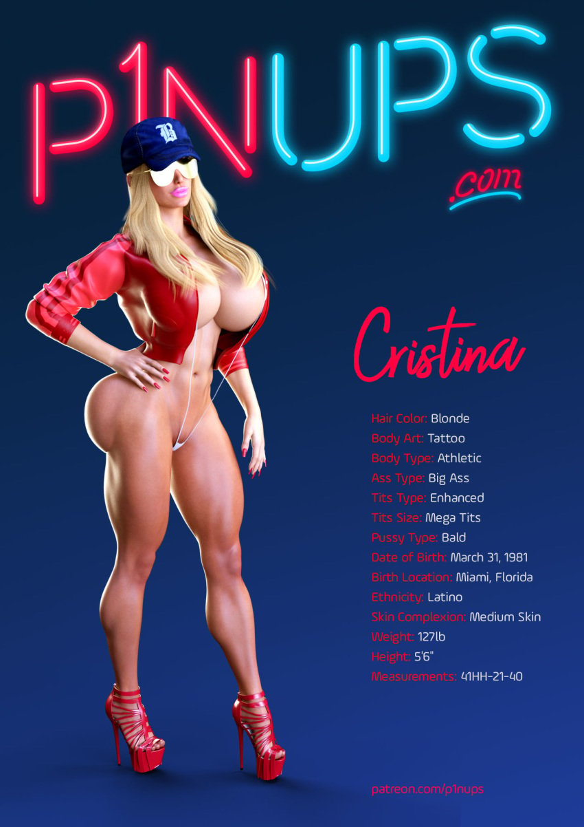 1girls 3d areola baseball_cap big_breasts big_lips bimbo blonde_hair breasts busty character_sheet cleavage cristina high_heels hourglass_figure jacket latina lipstick long_nails milf nail_polish open_toe_shoes p1nups sling_bikini toenail_polish voluptuous