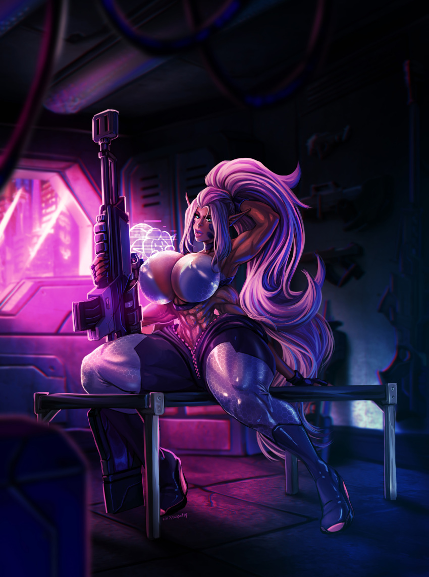 4_arms abs arm_behind_head benjamin_widdowson breasts brown_skin cleavage facial_markings female fingerless_gloves gloves green_eyes gun hexagon_print huge_breasts kira_pewpew large_breasts long_hair multi_arm multi_limb muscles muscular muscular_female original_character pointy_ears purple_hair sniper_rifle solo thick_thighs toned very_long_hair weapon