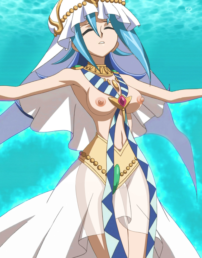 1girls accessories aqua_background aqua_hair armpits artist_request blue_hair capelet closed_eyes dress edit egyptian_clothes egyptian_dress egyptian_necklace female female_only hat kamishiro_rio light_blue_hair long_hair looking_up medium_breasts multicolored_hair navel necklace nipples nude priestess princess ribbon rio_kamishiro solo thin_waist traditional_clothes transparent_clothing vagina veil white_dress white_headwear yu-gi-oh! yu-gi-oh!_zexal