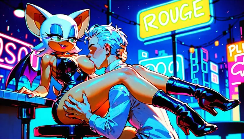 ai_generated bar black_boots business_attire business_man headscissor high_heel_boots high_heels legs_around_head legs_around_partner long_legs neon_lights nightclub nipple_suck nipple_sucking obscured_face rouge_the_bat sonic_(series) sonic_the_hedgehog_(series) sucking_on_nipple sucking_tit titty_suck