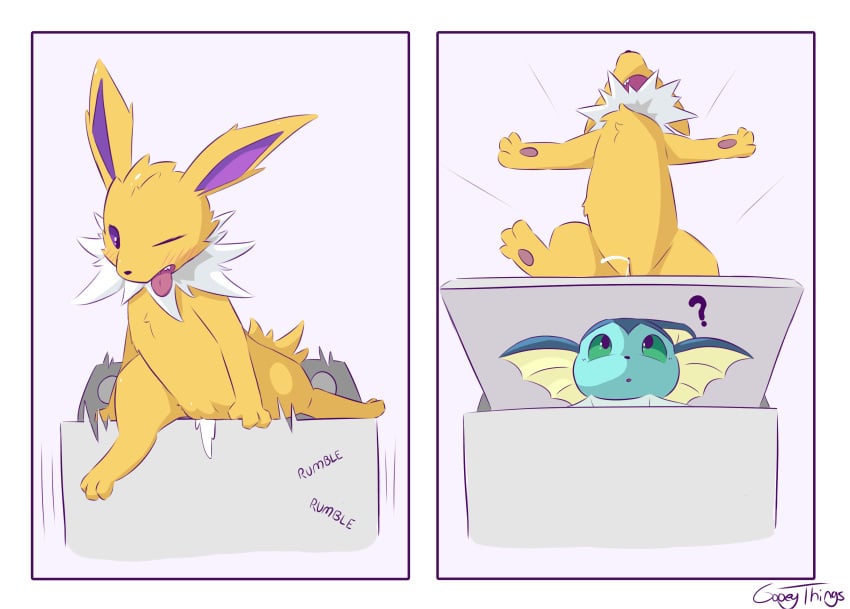 absurd_res ambiguous_gender appliance blue_body blush blush_lines bodily_fluids comic duo eeveelution female feral fin fur generation_1_pokemon genital_fluids genitals gooeythings green_eyes hi_res jolteon laundry_machine nintendo pawpads pokemon pokemon_(species) purple_eyes pussy shaking simple_background vaginal_fluids vaporeon washing_machine yellow_body yellow_fur