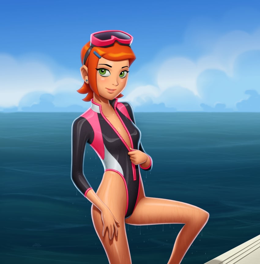 1girls ben_10 cartoon_network drew_gardner female googles green_eyes gwen_tennyson highleg highleg_swimsuit ocean one-piece_swimsuit pink_swimsuit red_hair red_hair short_hair swimsuit unzipped unzipping very_high_resolution wet wet_skin