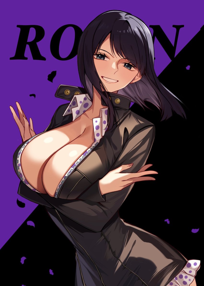 1girls big_breasts black_hair blue_eyes clothed clothing color female female_focus female_only hi_res kurage20001 large_breasts light-skinned_female light_skin long_hair looking_at_viewer nico_robin one_piece shounen_jump solo solo_female tagme thick_thighs