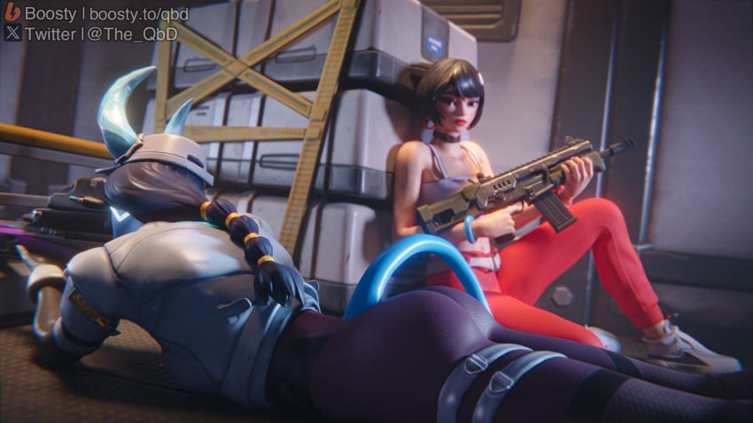 3d ass ass_focus big_ass blush bracelet bracelets choker clothed clothed_female clothing crop_top demon demon_girl demon_horns demon_tail evie_(fortnite) fortnite fully_clothed fully_clothed_female gun hair hair_ornament hat holding_weapon hoop_earrings ice_horns laying_down laying_on_ground laying_on_stomach looking_at_another looking_at_another's_butt looking_at_ass shiny shiny_clothes shiny_skin shiver_(fortnite) shooting sniper sniper_rifle square_earrings the_qbd