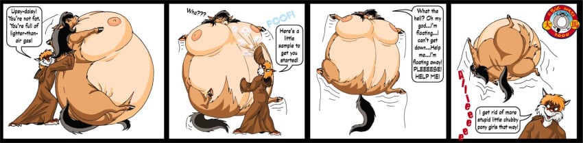 anthro black_hair canid canine clothing comic duo english_text equid equine female floating forced forced_inflation fox fuusenroba hair hi_res horse inflation long_image male mammal robe speech_bubble text wide_image yelling