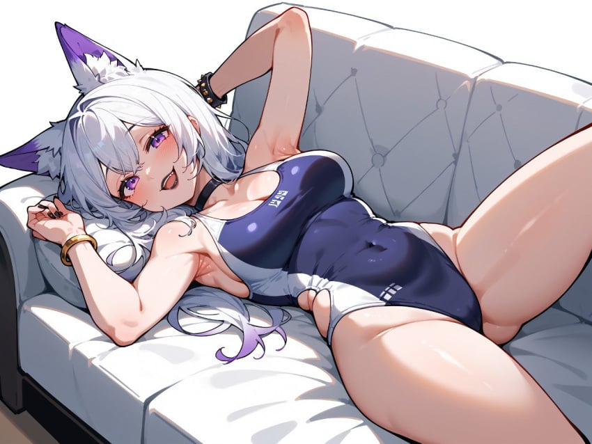 ai_generated arm_behind_head armpits black_nails blue_swimsuit bracelet cat_ears christina_sherman eyes golden_bracelet kristina_sherman laying_on_sofa purple smile sofa swimsuit trixie_vox virtual_youtuber vtuber white_hair white_sofa