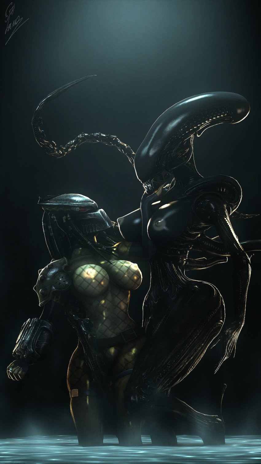 2girls 3d 3d_(artwork) alien alien_(franchise) alien_vs_predator areolae breasts female female_only female_xenomorph female_yautja lamoz571 mandibles nipples predator predator_(franchise) pussy sci-fi science_fiction scifi source_filmmaker xenomorph yautja yuri