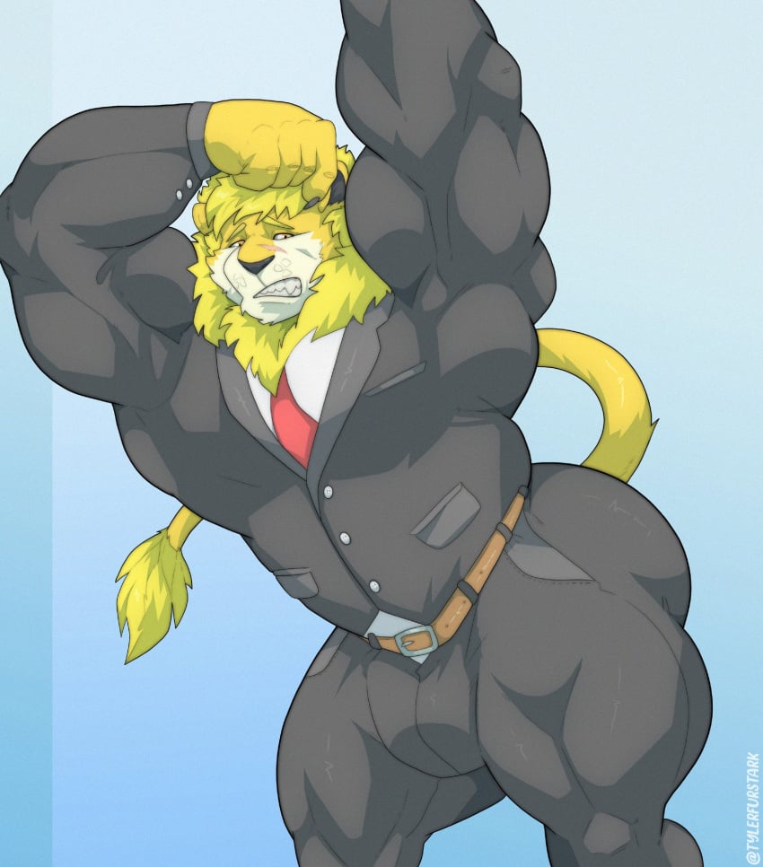 anthro balls bara barazoku bent_over bulge clothing flaccid fully_clothed furry lion male male_only muscles muscular nude penis solo solo_male suit tylerstark