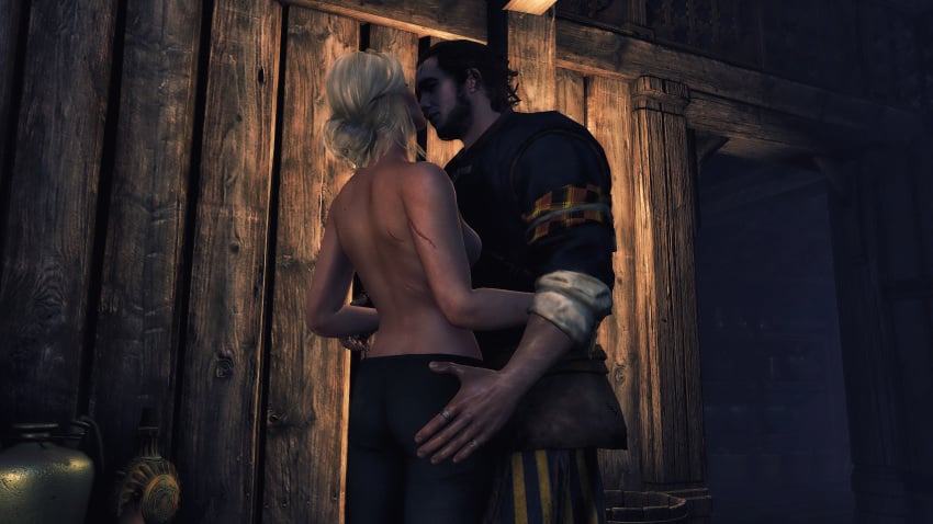 1boy 1girls 3d ass breasts cd_projekt_red ciri closed_eyes female hand_on_ass kissing partially_clothed scar skjall the_witcher_(series) the_witcher_3:_wild_hunt white_hair xpsfm