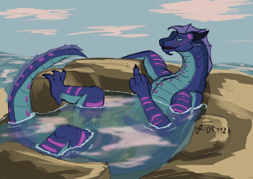 blush dragon female feral genitals gesture hand_gesture hi_res indigo_(wof) looking_relieved middle_finger mythological_creature mythological_scalie mythology partially_submerged peeing peeing_underwater pussy scalie seawing_(wof) solo valrionwrites wings_of_fire