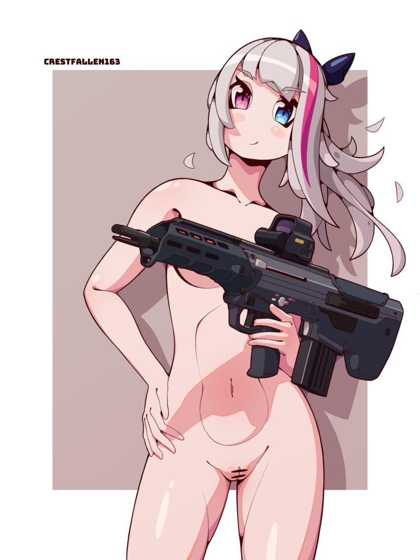 1girls alternate_version_available artist_name bar_censor covering_breasts crestfallen163 female female_only girls'_frontline gun heterochromia holding_weapon mdr_(girls'_frontline) ponytail pussy simple_background tagme tied_hair two_tone_hair