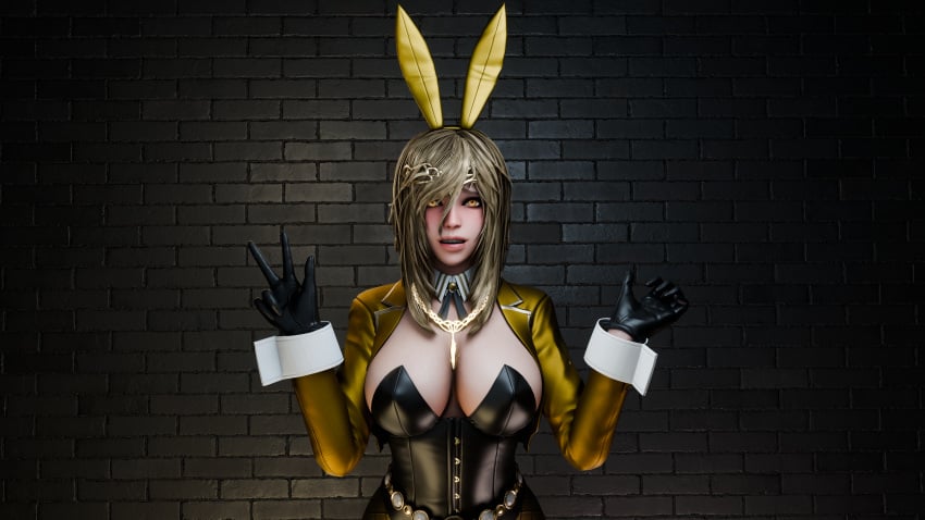 alternate_hairstyle big_breasts blonde_hair breasts bunny_ears bunny_girl bunnysuit circlet clothed crown elden_ring embarassed fromsoftware gloves gold_eyes jacket jacket_open jewelry large_breasts looking_at_viewer queen_marika_the_eternal ryanreos tagme woudlwonker819