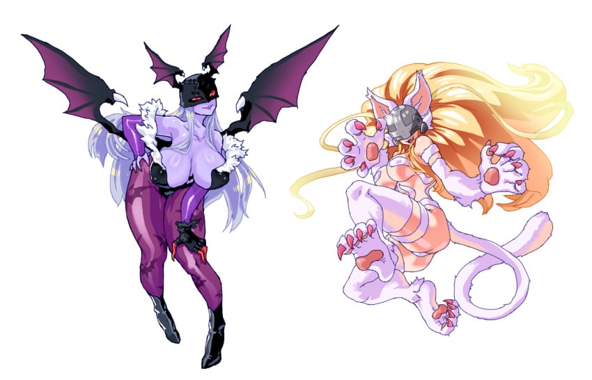 2girls angel angel_girl angewomon ass big_breasts blonde_hair breasts cat_ears cat_tail cosplay darkstalkers demon demon_girl digimon digimon_adventure fake_animal_ears felicia_(darkstalkers)_(cosplay) female female_only gerusyu head_wings huge_breasts ladydevimon large_breasts leaning_forward leotard long_hair looking_at_viewer morrigan_aensland_(cosplay) multiple_girls purple_skin smile tail twintails white_hair wings