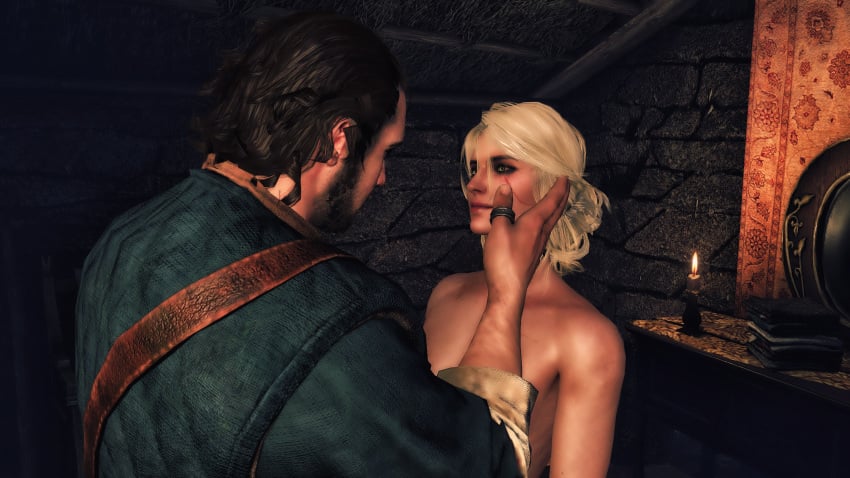 1boy 1girls 3d cd_projekt_red ciri female green_eyes hand_on_face looking_at_partner romantic scar skjall the_witcher_(series) the_witcher_3:_wild_hunt white_hair xpsfm