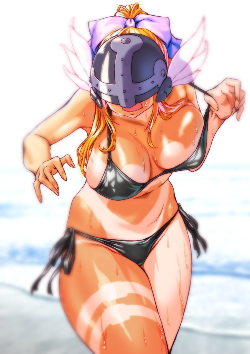 1girls angel angewomon bikini black_bikini digimon gerusyu helmet_over_eyes hourglass_figure huge_breasts shiny_skin skindentation slim_waist stomach tan tan_body tan_markings thick_thighs thighs thin_waist voluptuous wide_hips wings