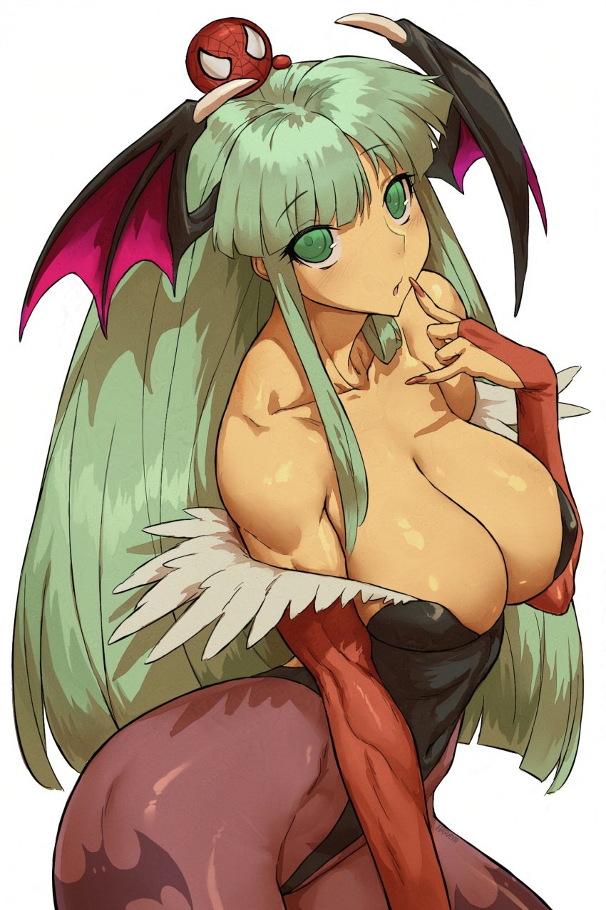 1boy 1boy1girl 1girl 1girls bare_shoulders bat bat_print bat_wings batwings big_breasts black_leotard capcom chibi darkstalkers green_eyes green_hair haraya leggings light-skinned_female marvel marvel_comics marvel_vs._capcom morrigan_aensland sleeves spider-man spider-man_(series) vampire_(game) vampire_savior wings wings_on_head