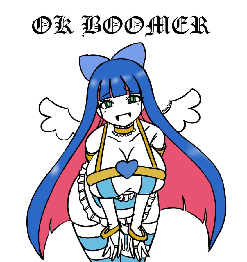 angel big_breasts blue_hair breasts collar deculture dress green_eyes heart large_breasts magicalgirlnoir ok_boomer panty_&amp;_stocking_with_garterbelt ribbon stocking_anarchy thick_thighs wings