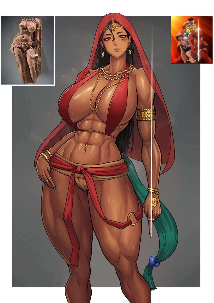 1girls abs beauty_mark belly_dancer belly_dancer_outfit biceps big_breasts black_hair blush blushing cosplay curvaceous curvy curvy_figure dark-skinned_female earrings female female_only fit fit_female gems gold_(metal) hourglass_figure indian indian_female jewelry jewels jojo's_bizarre_adventure jojo_reference kingbang long_hair looking_at_viewer meme mohammed_avdol mole mole_under_mouth muscular muscular_female navel_piercing original_character perfect_body perfect_legs perfection pierced_belly_button piercing pointing pointing_down pose sculpture seductive seductive_eyes seductive_look seductive_smile smile solo sweat tagme tattoo tattoo_on_face thick_thighs voluptuous yakshi_figure_sculpture yellow_eyes