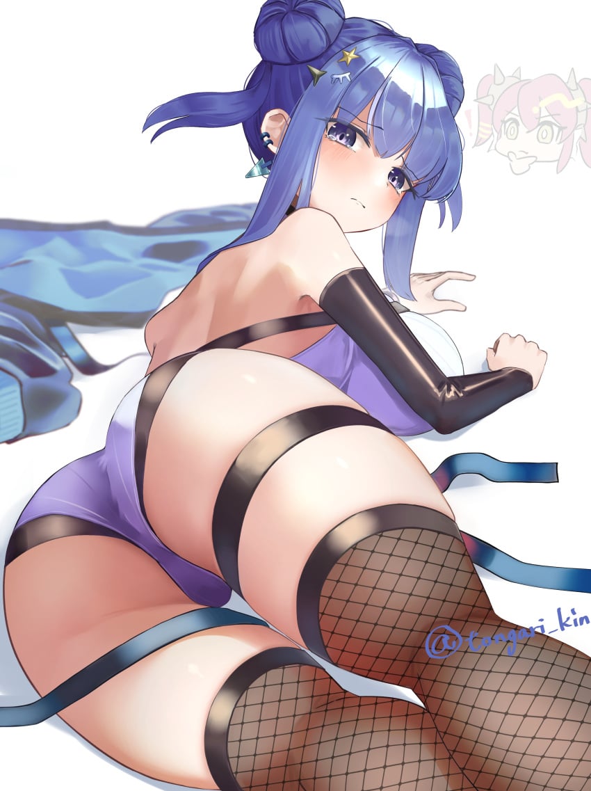 ass_focus blue_eyes blue_hair duel_monster evil_twin_lil-la female fishnet_stockings fully_clothed large_breasts live_twin_ki-sikil more_at_source tagme_(artist) yu-gi-oh!