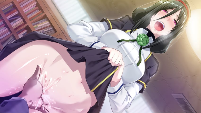 black_hair blush bookshelf breasts butcha-u censored drooling female female_ejaculation fingering from_below game_cg hairband highres indoors kurosu_reina large_breasts legs library long_hair meikoku_gakuen_taidou_hen mosaic_censoring navel no_panties open_mouth original pussy pussy_juice red_eyes saliva school_uniform skirt skirt_lift solo_focus standing thighs wet