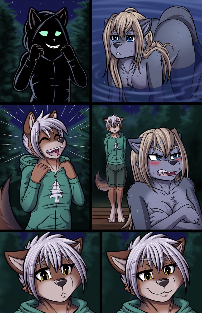 2019 anthro ass bathing blonde_hair blue_eyes blush breasts brown_fur camp_pines canid canine canis clothing comic convenient_censorship covering covering_breasts coyote digitigrade duo embarrassed female forest fur grey_fur hair heresy_(artist) hoodie jensca kimber laugh long_hair mammal night nude open_mouth outside pier short_hair skinny_dipping smile swimming teeth tree voyeur water wet white_hair wolf yellow_eyes