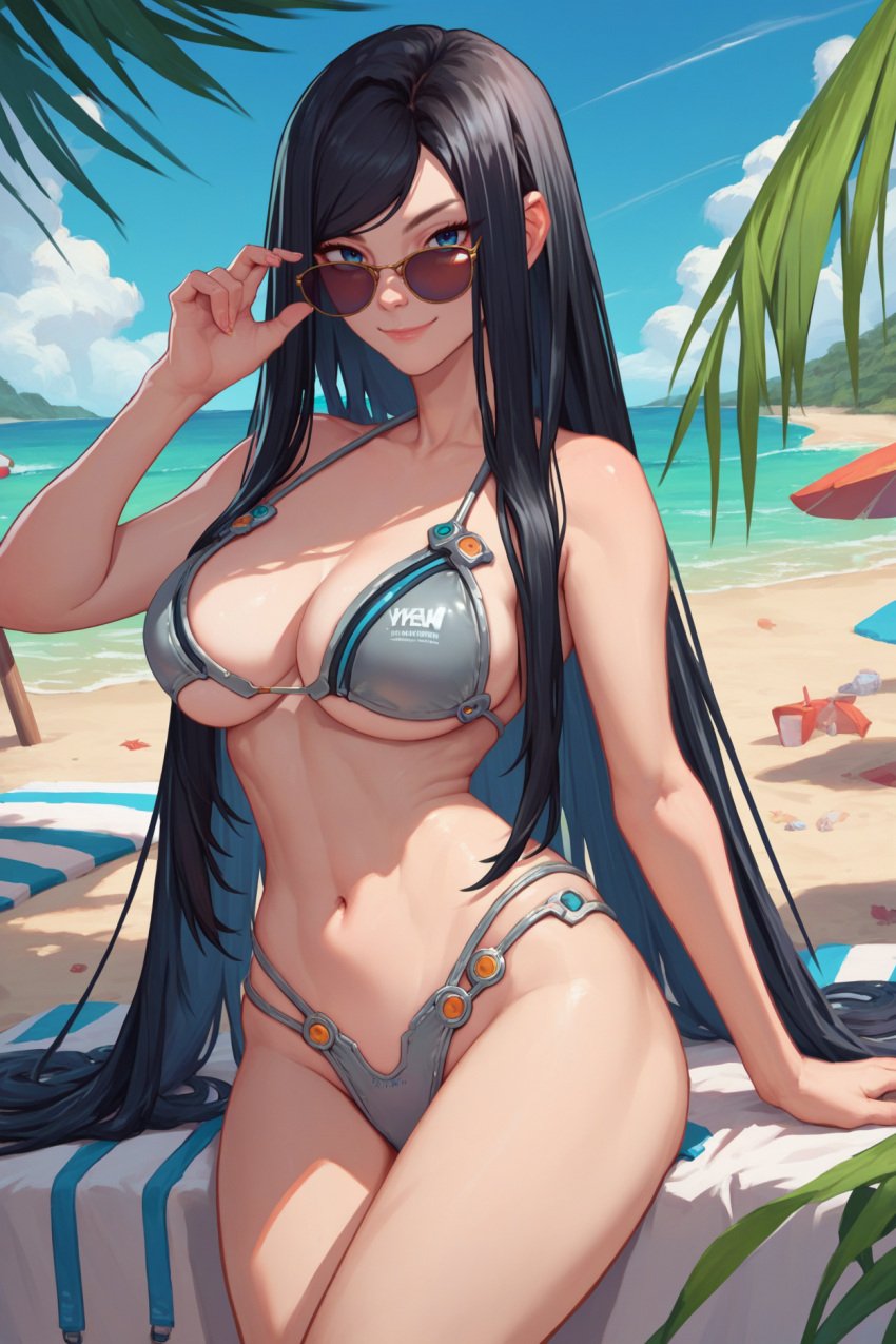 ai_generated beach bikini black_hair blue_eyes curvy_female curvy_figure large_breasts looking_at_viewer navel raven_(stellar_blade) smiile stellar_blade