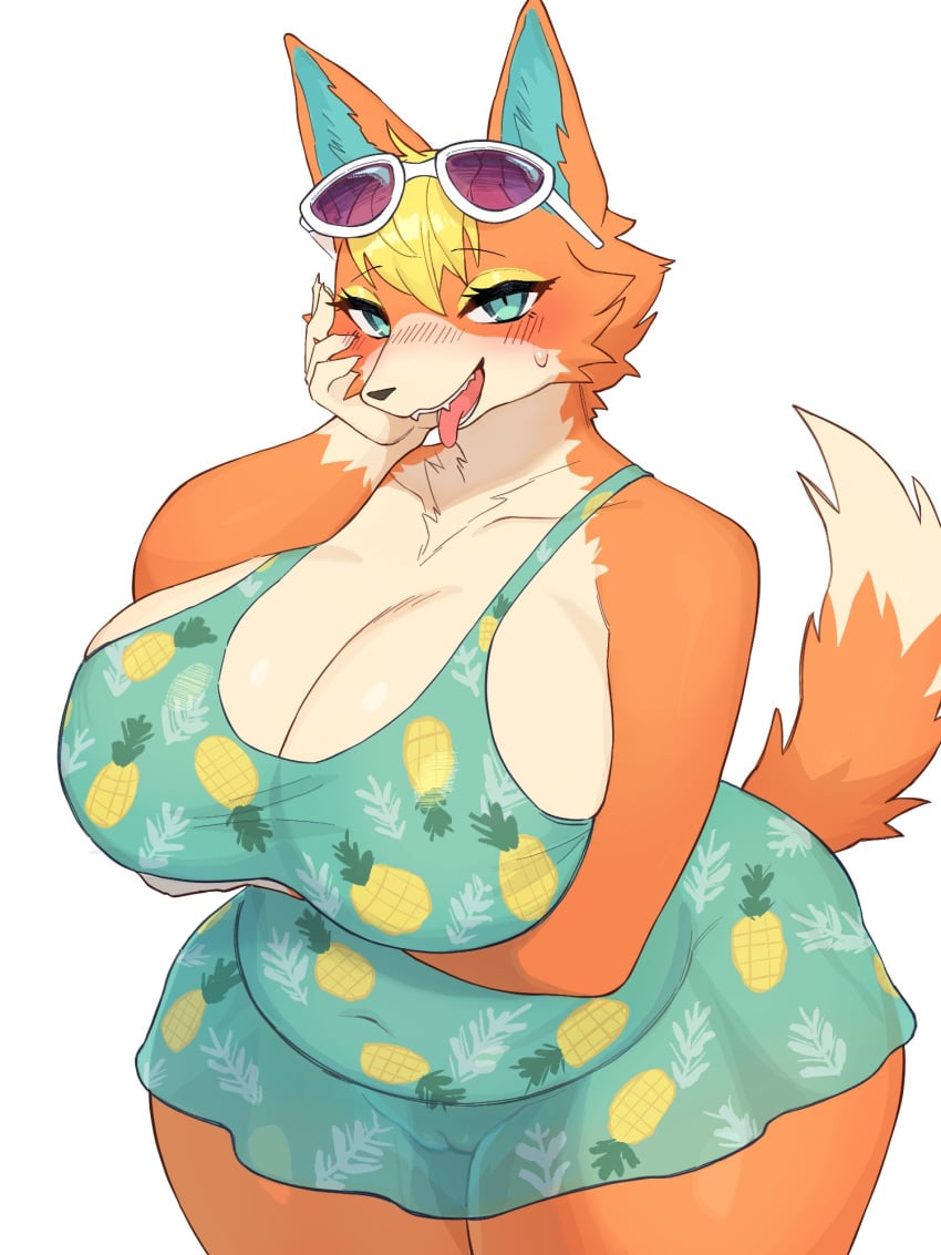 animal_crossing anthro audie_(animal_crossing) baburusushi big_breasts biped black_nose blush breasts canid canine canis cleavage clothed clothing eyelashes fangs female fur genitals green_eyes hi_res looking_at_viewer mammal nintendo orange_body orange_fur orange_tail pussy simple_background solo tail teeth tongue tongue_out translucent translucent_clothing white_background wolf