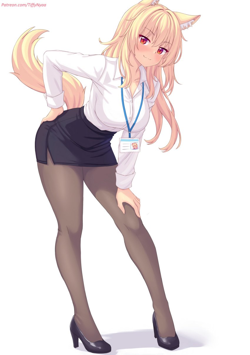 :3 big_breasts blonde_hair cat_ears cat_tail hand_on_hip high_heels long_hair looking_at_viewer office office_clothing office_lady pantyhose patreon patreon_username red_eyes simple_background skirt tiffy tiffynyaa