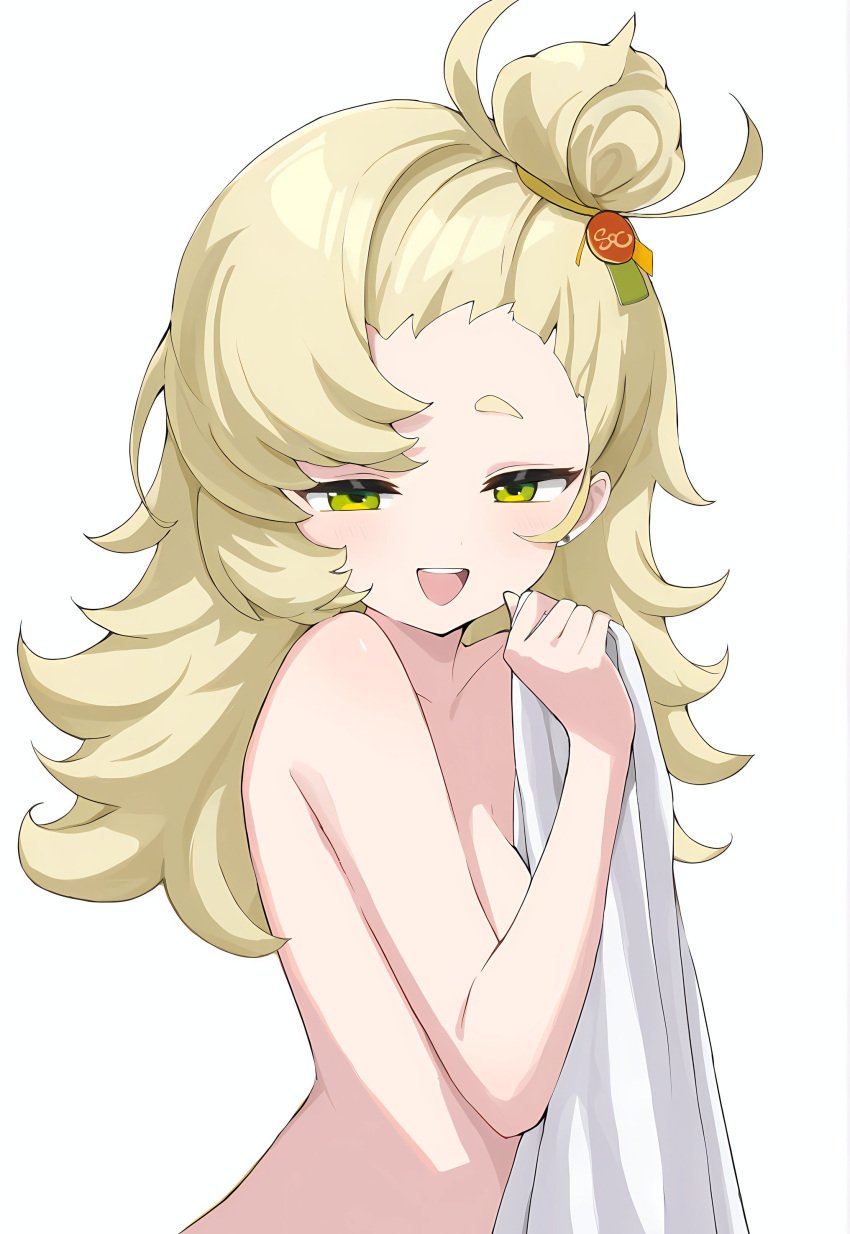 1girls blonde_hair brat breasts green_eyes half-closed_eyes nude_female petite piper_wheel small_breasts smile smug solo towel zenless_zone_zero