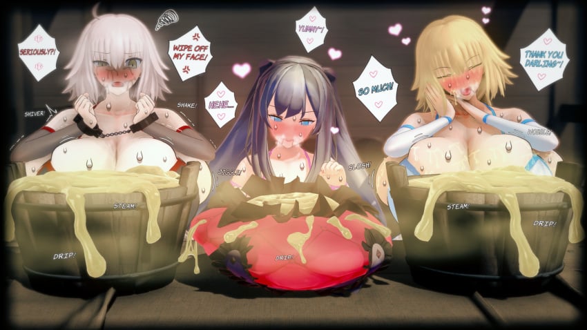 3girls big_breasts blush breasts bucket_of_cum christianity cum eastboundaura88 english_text european_mythology fate/grand_order fate_(series) female female_only folklore giant_breasts gigantic_breasts history huge_breasts jeanne_alter jeanne_d'arc_(fate) koikatsu large_breasts marie_antoinette_(fate) massive_breasts mythology public_domain religion royalty uncensored