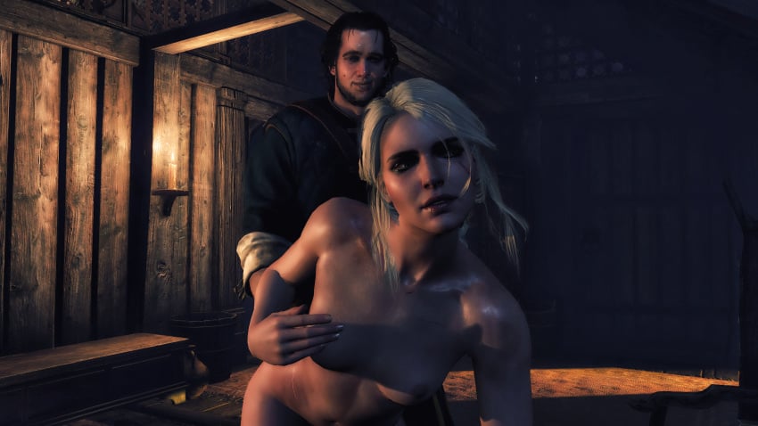 1boy 1girls 3d areolae breasts cd_projekt_red ciri doggy_style female green_eyes hand_on_breast looking_at_partner nipples nude_female nude_female_clothed_male scar skjall the_witcher_(series) the_witcher_3:_wild_hunt white_hair xpsfm