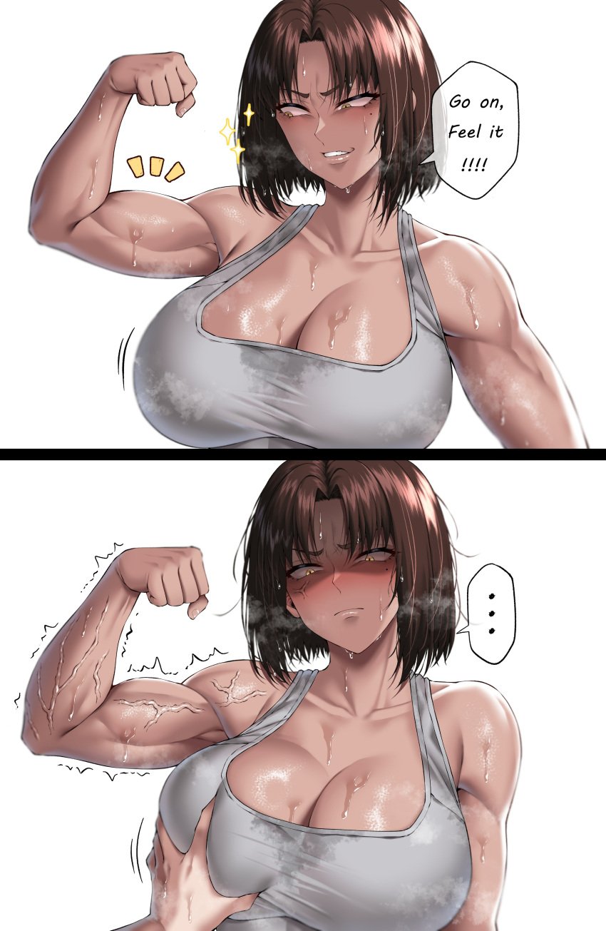 1girls 2_panel_comic angry armpit artslayer beauty_mark beauty_mark_under_eye big_breasts blush boob_grab brown_hair brunette_hair busty cleavage clothed embarrassed english_text female female_focus fit fit_female flexing flexing_arms flexing_bicep furious grabbing_another's_breast grabbing_breasts huge_breasts large_breasts light_skin mad mole mole_under_eye muscular muscular_arms muscular_female pov shiny_skin smirk smirking sweat sweating sweaty tagme tan tan-skinned_female tan_body tanned_female tanned_skin text tomboy toned toned_arms toned_female veiny_muscles