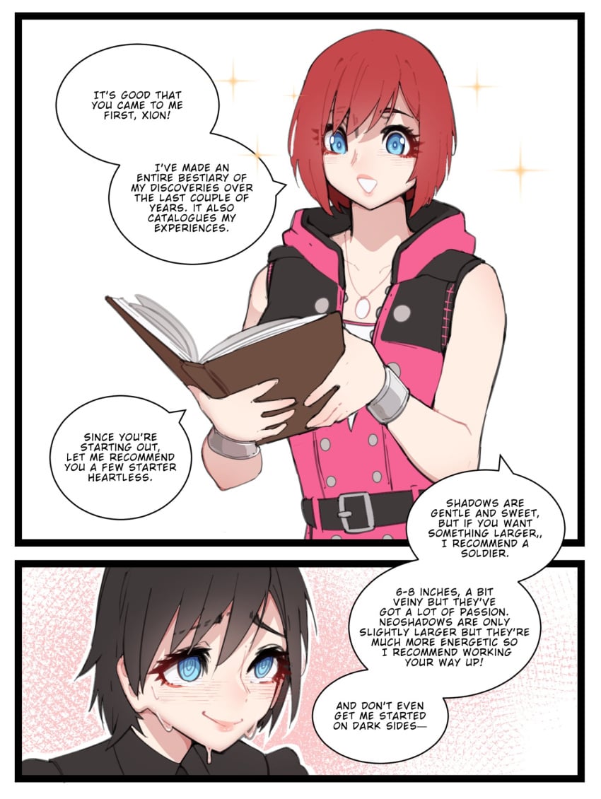 2girls black_hair blue_eyes blush book dialogue english_text female female_only funny hi_res kairi kingdom_hearts luxurias red_hair speech_bubble spiral_eyes square_enix sweatdrop text xion