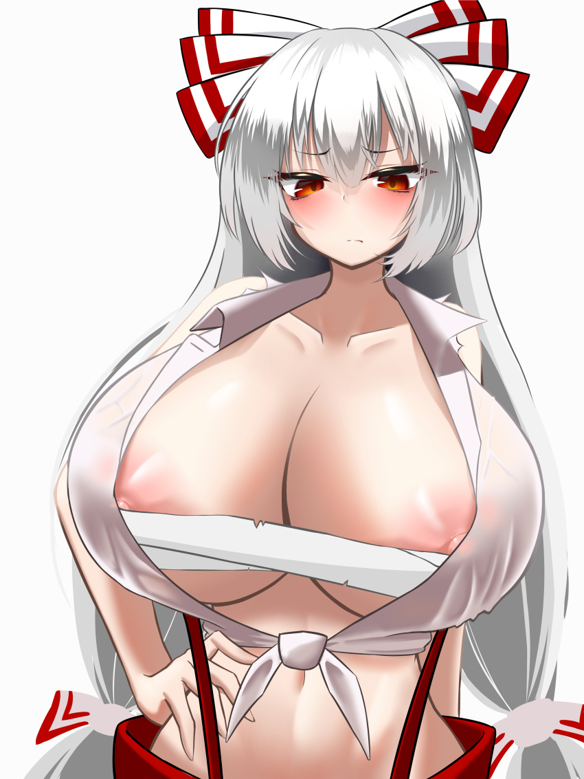 1girls alternate_breast_size areola_slip blush breasts_bigger_than_head female fujiwara_no_mokou hand_on_hip huge_breasts nuekane open_clothes solo touhou