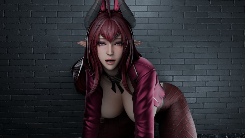 3d ambiguous_gender blender bunny_girl demon demon_girl demon_horns dildo looking_at_viewer red_eyes red_hair ryanreos sinia woudlwonker819