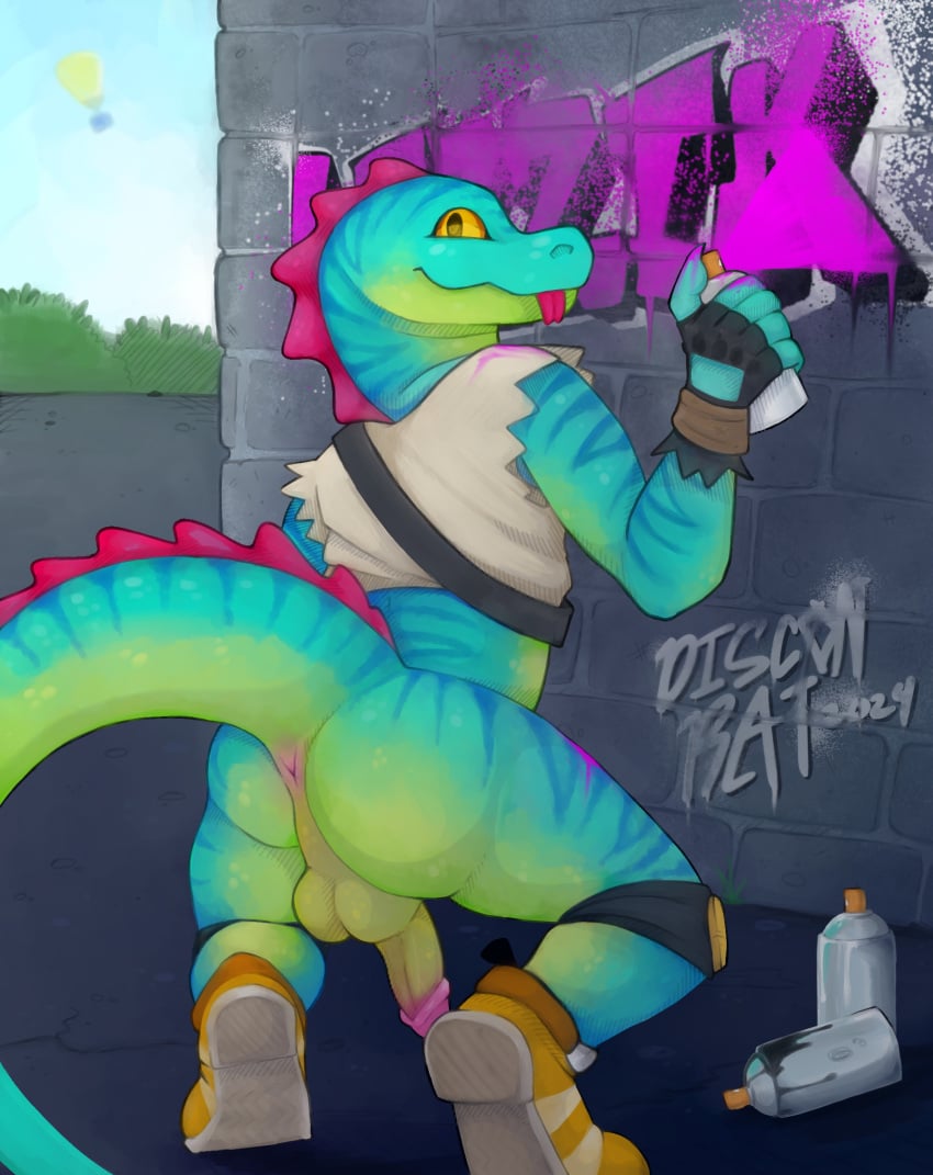 anthro anus balls clothed clothing crouching discon_rat epic_games fortnite gecko genitals graffiti hi_res humanoid_genitalia humanoid_penis iguana iguanid lizard lizzik_(fortnite) looking_at_viewer looking_back male paint partially_clothed penis reptile scalie solo spray_can spray_paint