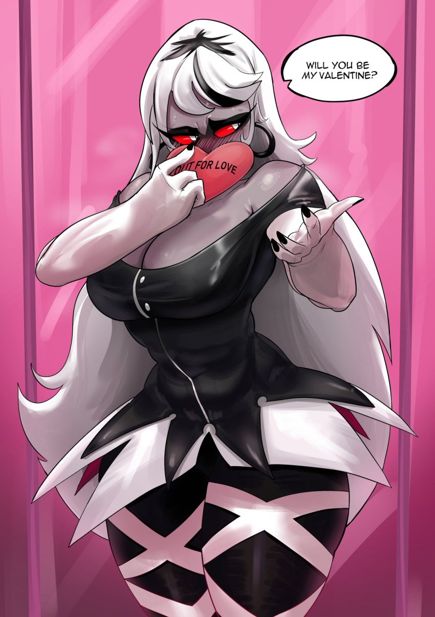 1girls bare_shoulders big_breasts blush carmilla_carmine clothed clothing color english_text female female_focus female_only hazbin_hotel hi_res large_breasts light-skinned_female light_skin long_hair solo solo_female tagme text text_bubble thedarkzircon thick_thighs valentine&#039;s_day vivienne_medrano white_hair