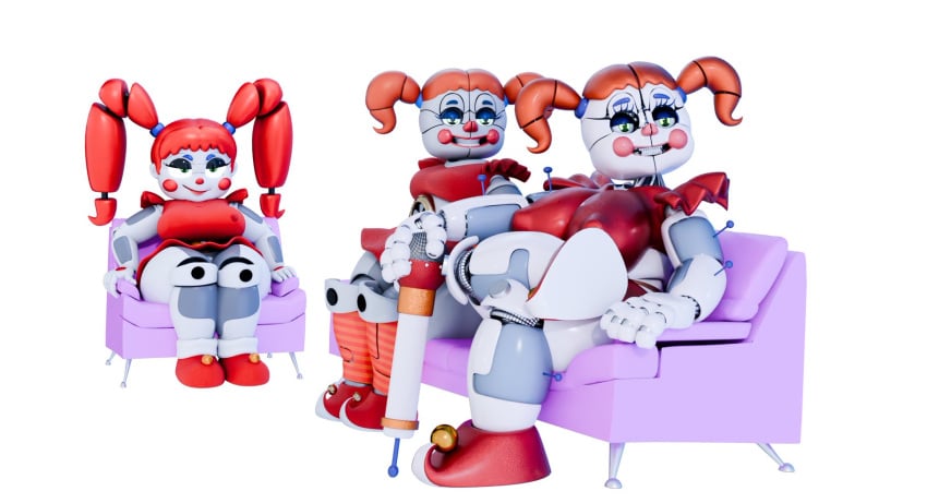 2026 3d 3d_(artwork) 3d_render 3girls animatronic animatronic_female animatronic_girl armchair baby_(fnafsl) background big_breasts big_nipples breasts circus_baby circus_baby_(fnaf) circus_baby_(original) circus_baybee_(jordevoir) circus_booby clown clown_girl couch couch_sitting eyes female female_only five_nights_at_freddy's five_nights_at_freddy's:_sister_location green_eyes hair jordevoir meme microphone nipples orange_hair red_clothing red_hair red_skirt robot robot_girl scottgames sister_location sitting smile smiling tagme white_background white_body white_skin