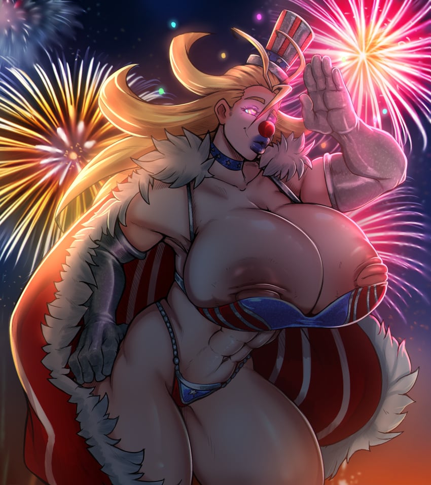 big_breasts big_lips big_nipples bimbo bimbo_lips bimbofication blonde_hair boku_no_hero_academia breasts cathleen_bate clown clown_girl clown_makeup clown_nose clownification clussy commission female_only femsub fireworks glowing_eyes hypnotic_eyes long_hair massive_breasts my_hero_academia nipples reliusmax saluting solo star_and_stripe_(boku_no_hero_academia) star_and_stripe_(my_hero_academia) stars_and_stripes transformation