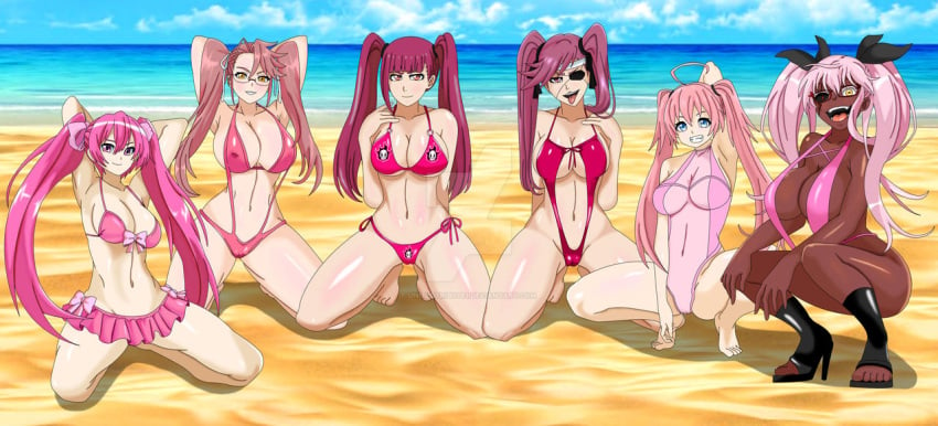 6girls akame_ga_kill! beach big_breasts bikini bleach breasts crossover dark-skinned_female dark_skin dokugamine_riruka eyepatch female female_only highschool_of_the_dead huge_breasts large_breasts long_hair look-alike milim_nava mine_(akame_ga_kill!) multiple_girls pink_hair saitou_furoufushi saya_takagi sousei_no_onmyouji suzu_(sousei_no_onmyouji) swimsuit tensei_shitara_slime_datta_ken that_time_i_got_reincarnated_as_a_slime trait_connection twin_star_exorcists twintails unitedtribute1