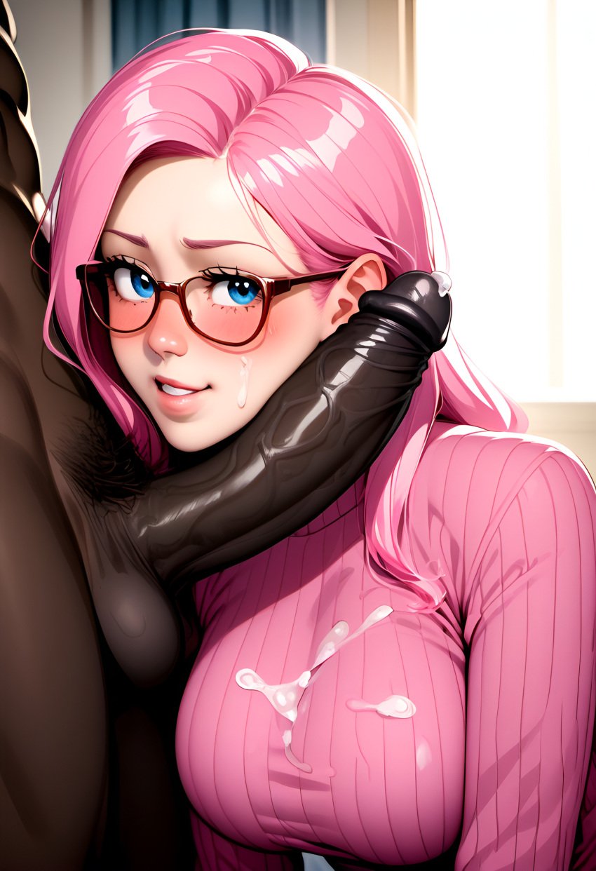 after_oral ai_generated bbc_slave big_penis blue_eyes dark-skinned_male fluttershy_(mlp) glasses interracial light-skinned_female my_little_pony_equestria_girls penis_on_face pink_hair pink_sweater