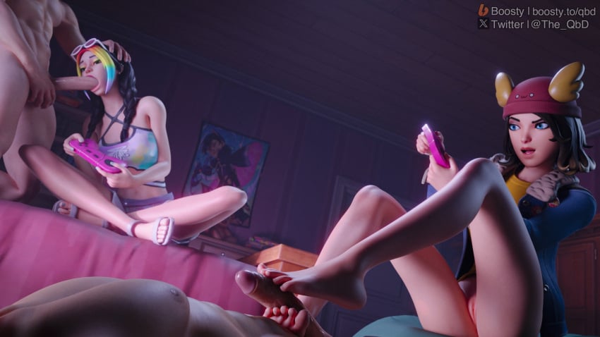 2boys 2girls 3d barefoot beanie bed bedroom big_penis blowjob bottomless bottomless_female clothed clothed_female clothing completely_nude completely_nude_male crossed_legs distracted distracted_sex feet feet_on_penis foot_fetish footjob fortnite fully_clothed fully_clothed_female gaming gaming_chair harmony_lee_(fortnite) holding_head huge_cock multicolored_hair nude nude_male open_mouth oral oral_penetration oral_sex partially_clothed partially_clothed_female penis pussy rainbow_hair sex_while_gaming shiny shiny_clothes shiny_skin sitting_on_bed sitting_on_chair skye_(fortnite) the_qbd