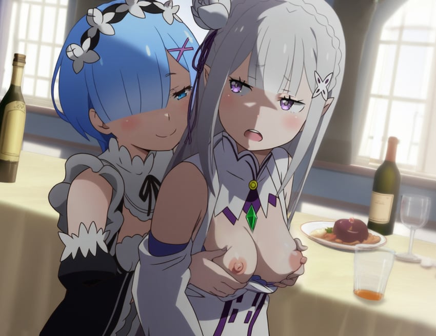 ai_generated big_breasts blue_eyes blue_hair blush breast_grab breasts breasts_out elf elf_ears elf_female emilia_(re:zero) lesbian_sex maid maid_headdress maid_uniform medium_hair nipples purple_eyes re:zero_kara_hajimeru_isekai_seikatsu rem_(re:zero) silver_hair vaamos yuri