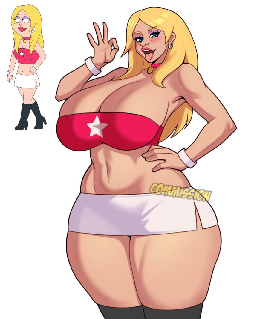 1girls american_dad blonde_hair breasts female female_only francine_smith jakuson_z large_breasts light-skinned_female light_skin mature_female milf rock_and_roll_sherpa_(francine_smith) skirt solo thighhighs thighs white_background wide_hips