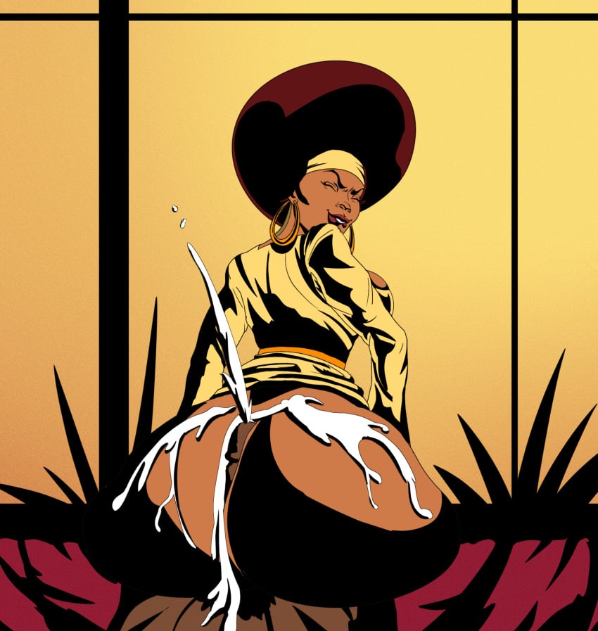 1boy african african_female afro black_dynamite buttjob covered_buttjob cum dark-skinned_female dark-skinned_male dark_skin female gardenminttea honey_bee_(black_dynamite) huge_ass