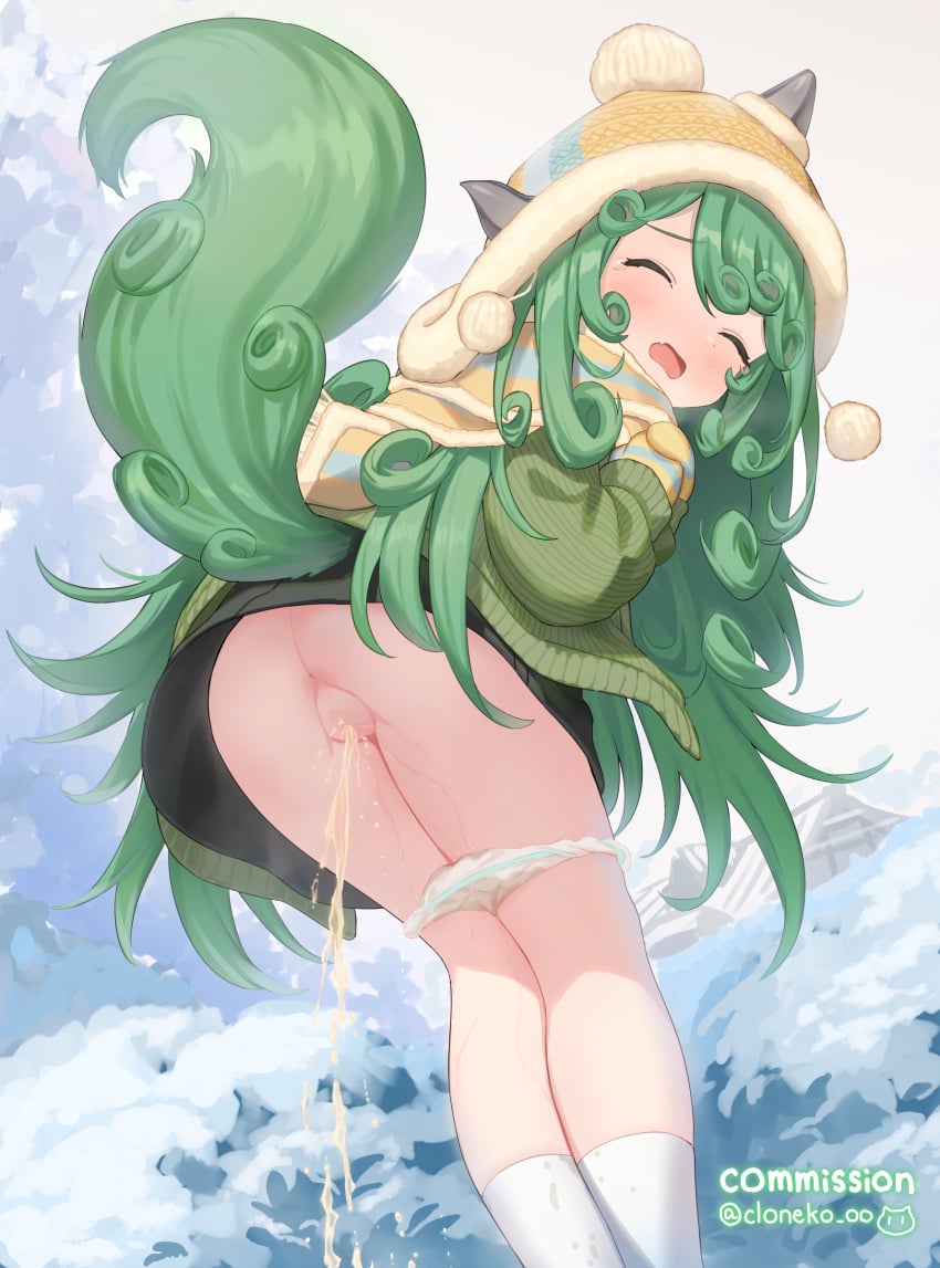 absurdres anus ass censored cloneko_(zelmeledf2) commentary_request commission curly_hair embarrassed female green_hair highres horns kneepits komano_aunn long_hair long_sleeves looking_at_viewer looking_back miniskirt mosaic_censoring open_mouth panties pee_stain peed_self peeing signature single_horn skeb_commission skirt socks solo stained_clothes tail tearing_up touhou underwear urine variant_set wavy_mouth white_panties white_socks winter