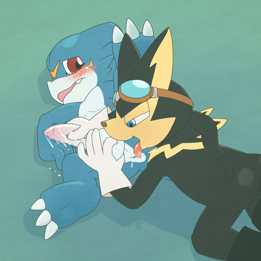 2019 3_toes 5_fingers anal anthro anthro_on_anthro argon_vile ass black_body blue_body blue_eyes blush digimon digimon_(species) duo eyewear furry furry_only goggles goggles_on_head green_background guntz handjob hi_res klonoa_(series) looking_at_partner lying male motion_lines no_humans nude on_back open_mouth oral red_eyes rimming saliva sex signature simple_background spread_legs spreading toes tongue tongue_out veemon video_games yaoi