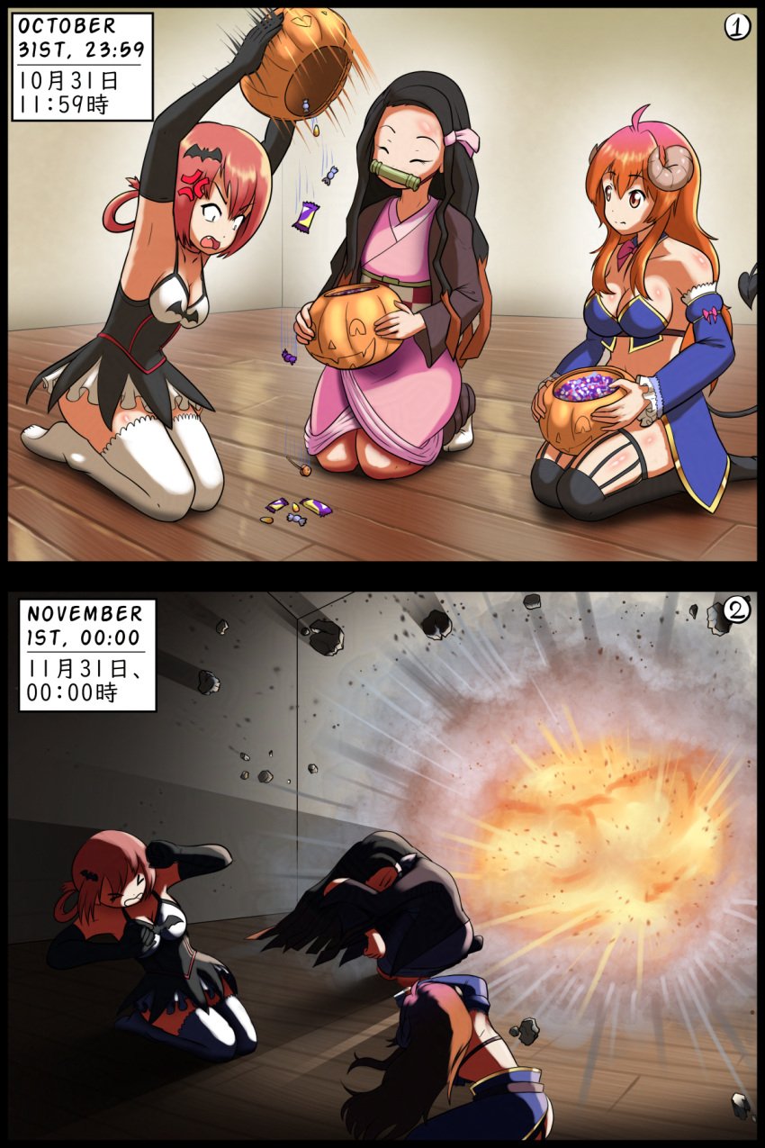 3girls black_hair comic english_text explosion feuerz gabriel_dropout japanese_text kamado_nezuko kimetsu_no_yaiba large_breasts machikado_mazoku page_1 red_hair satanichia_kurumizawa_mcdowell self_upload sitting sitting_on_floor yoshida_yuuko_(machikado_mazoku)