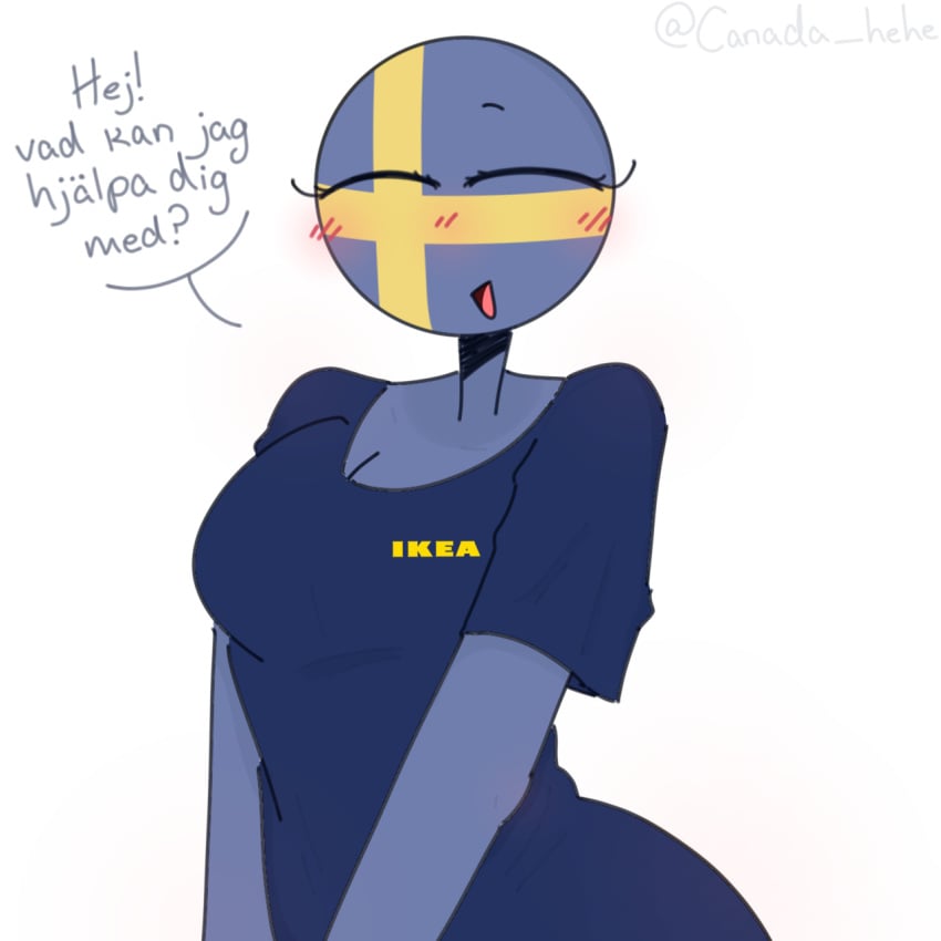 1girls artist_name artist_signature big_breasts blue_body blue_shirt blue_skin blush blush_lines breasts circular_head cleavage closed_eyes country country_girl countryhumans countryhumans_girl eyelashes eyes_closed facing_viewer happy ikea round_head safe_for_work sfw short_sleeves simple_background smile smiling smiling_at_viewer sweden_(countryhumans) swedish swedish_flag swedish_text talking_to_viewer thin_neck white_background work work_uniform working workplace xx.canada.xx