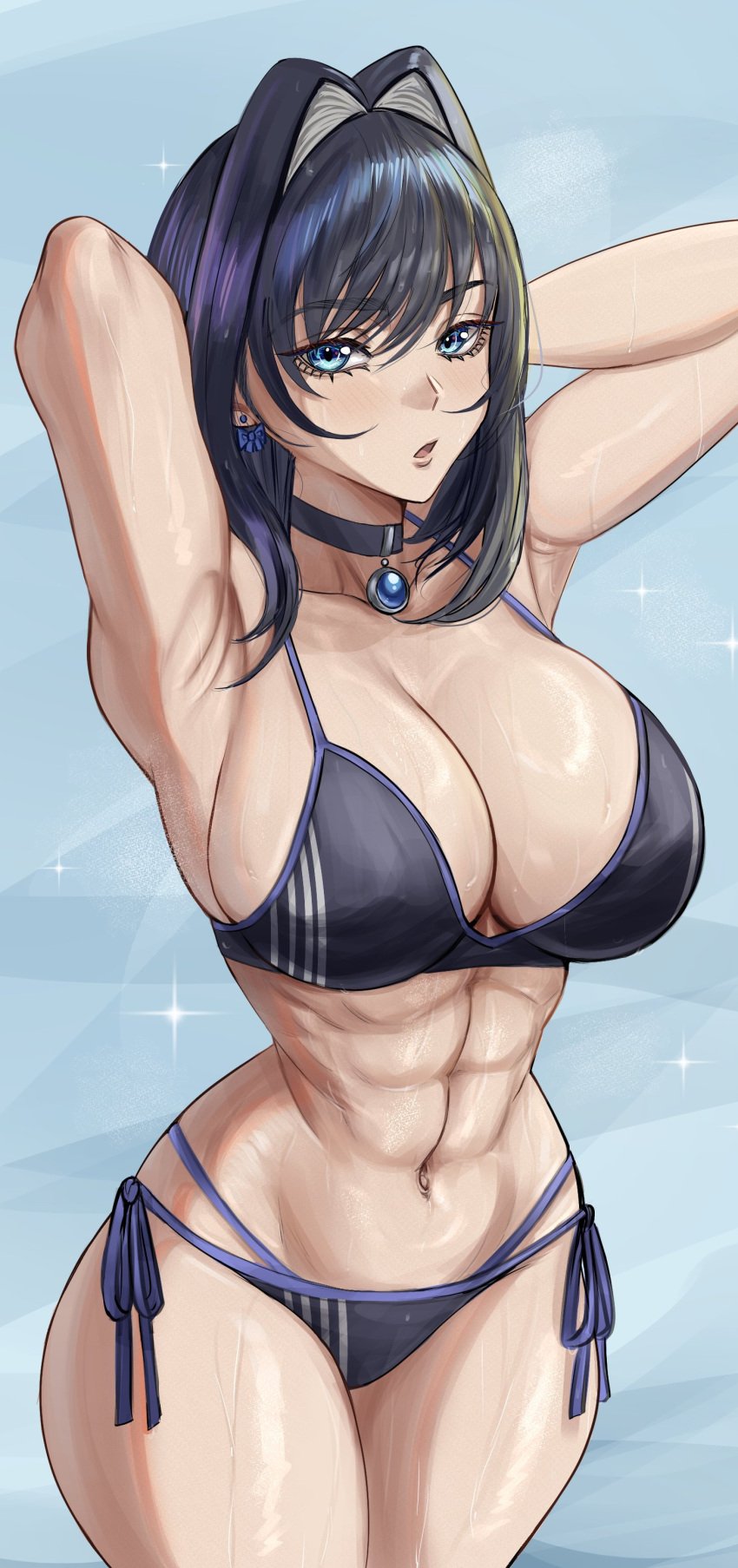 1girls abs artist_request cleavage female female_only hololive hololive_english hololive_english_-council- hololive_english_-promise- huge_breasts light-skinned_female muscular ouro_kronii revealing_clothes tagme virtual_youtuber wet